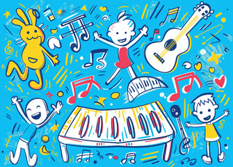 A whimsical doodle of musical notes and instruments, such as piano keys or guitar strings intertwined with cartoonish characters like cute animals and stars, all set against an electric blue