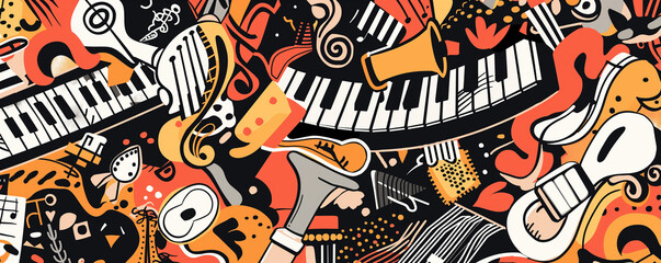 A whimsical doodle of musical notes and instruments, such as piano keys or guitar strings intertwined with cartoonish characters like cute animals and stars, all set against an electric blue 