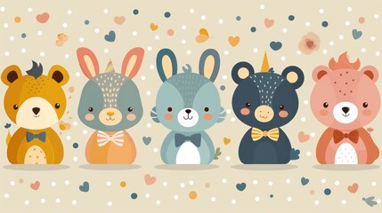 Naklejka premium Five adorable cartoon animals with bow ties on a light background with hearts and flowers.