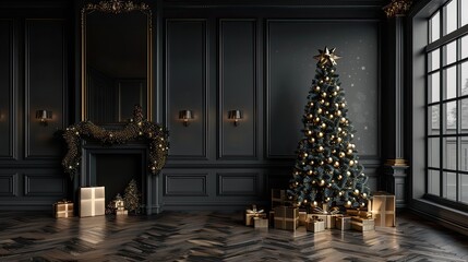 Fototapeta premium A large black Christmas tree stands in a room with a fireplace and a mirror. The room is decorated with gold and silver accents, giving it a luxurious and elegant feel