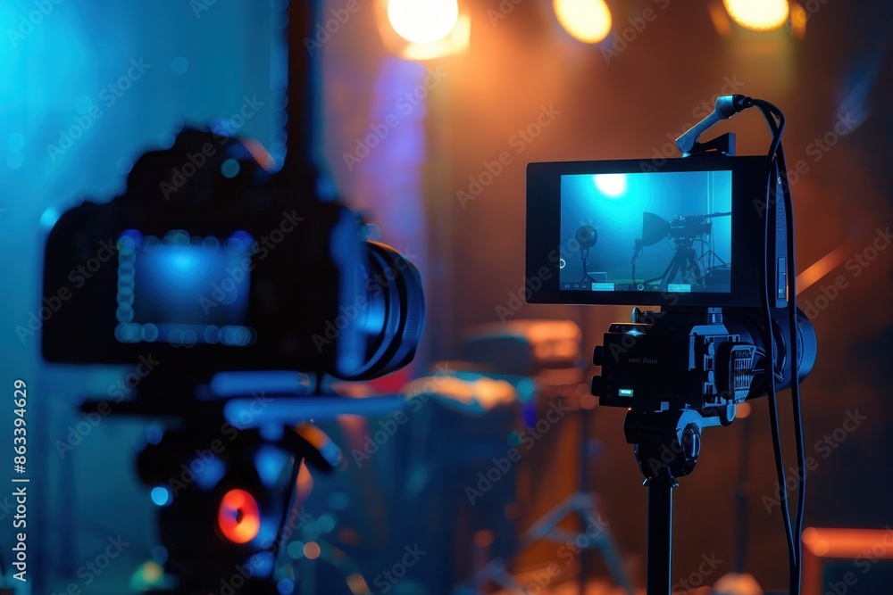 Poster a close-up shot of a professional video camera set up for live streaming, captured in a dynamic and 