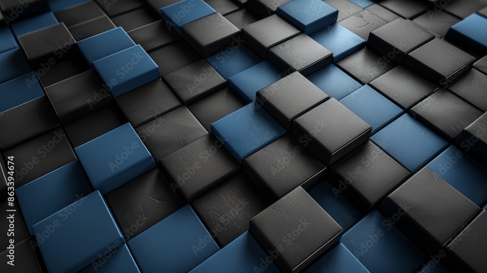 Poster abstract background with blue and black cubes in a geometric pattern.