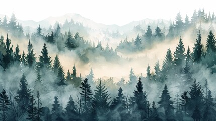 A watercolor painting of a misty forest with tall trees, creating a sense of mystery and tranquility.