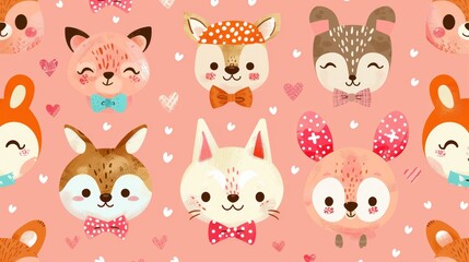 Cute animal faces with bow ties and hearts on a pink background.  Perfect for kids' clothing, wallpaper, and more.