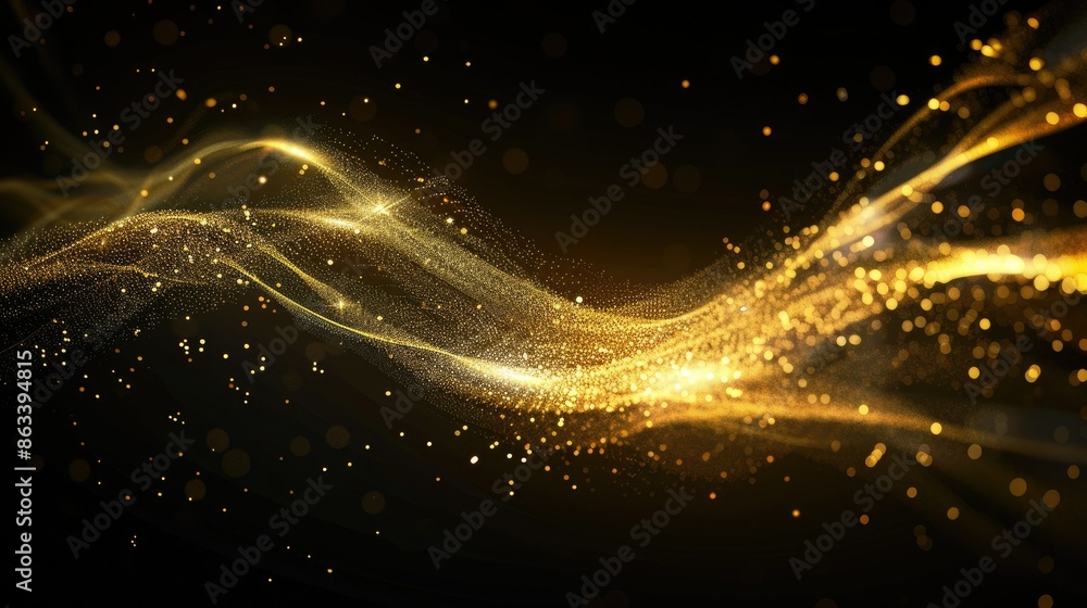 Poster abstract glowing gold line with light sparkles, creating an elegant effect on a black background