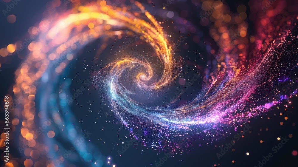 Poster abstract colored shiny sparks forming a spiral wave on a dark background, creating a mesmerizing vis