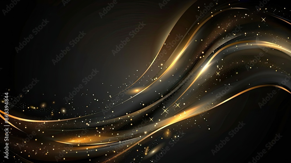 Poster abstract glowing gold line with shimmering light effects, creating an elegant design on a black back