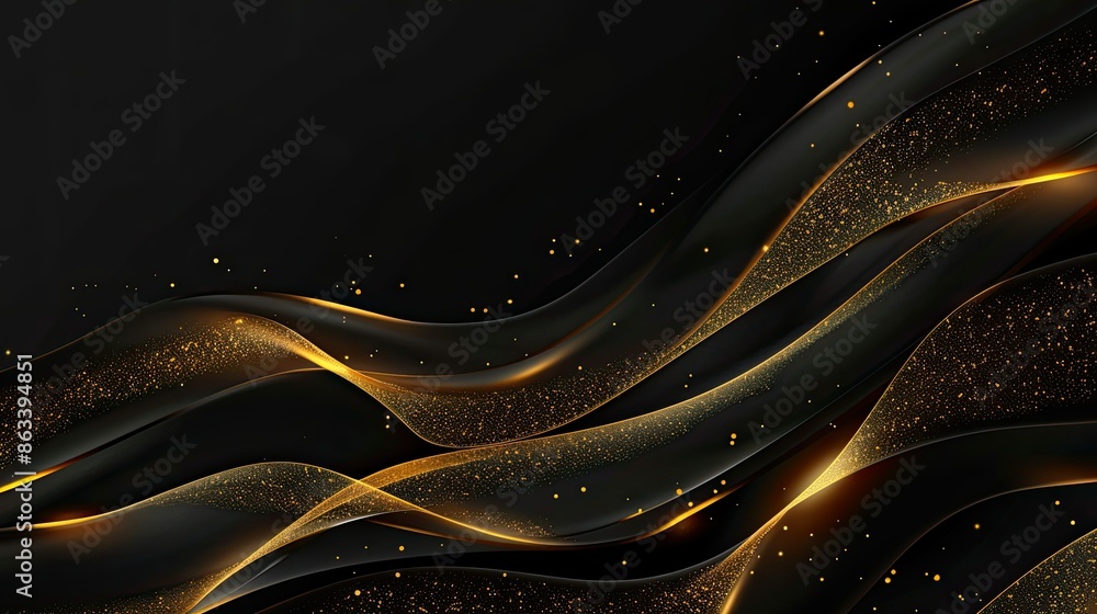 Poster abstract glowing gold line with shimmering light effects, creating an elegant design on a black back