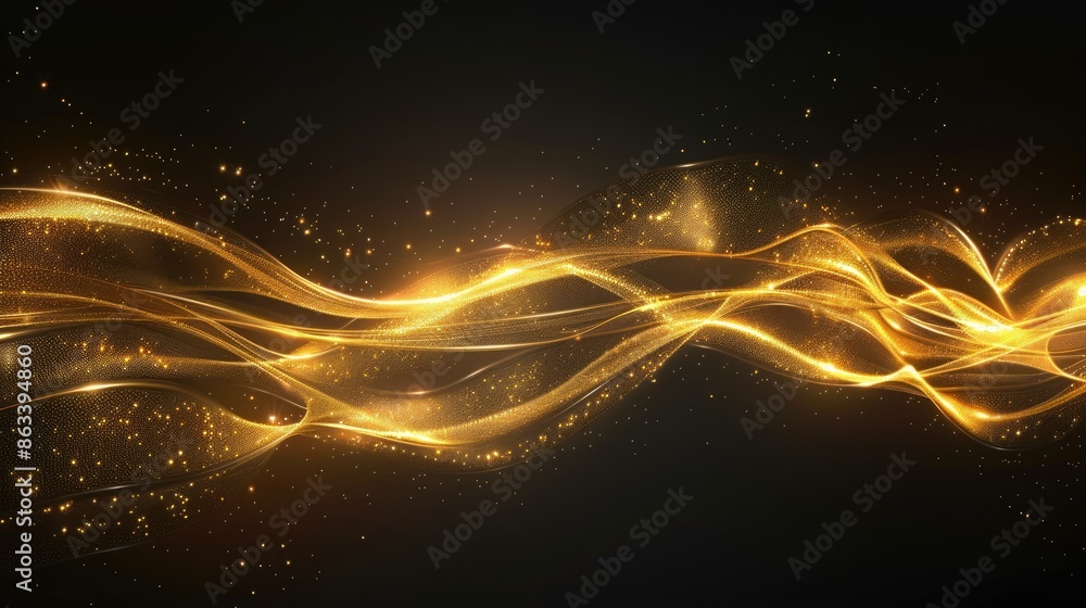 Poster abstract glowing gold line with shimmering light effects, creating a sophisticated look on a black b