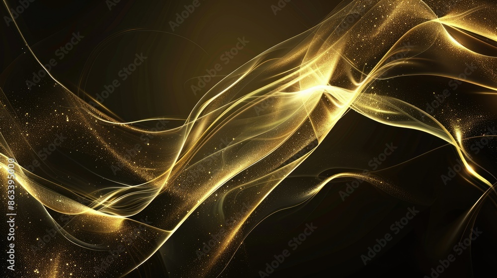 Poster abstract gold line with shimmering light effects, creating a luxurious look on a black background