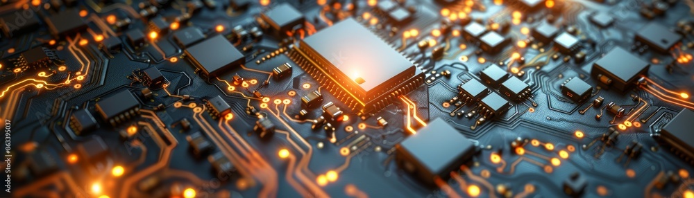 Poster abstract digital art with glowing lights and circuit board patterns.