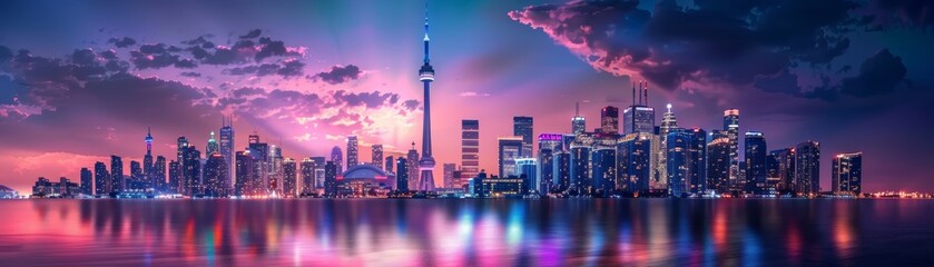 Cityscape with vibrant purple and blue sky at dusk.