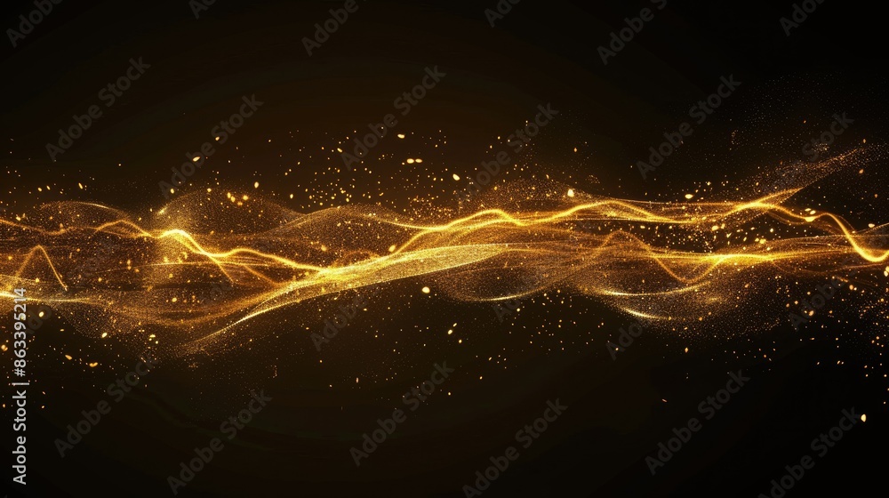 Poster abstract golden glowing line with shimmering light effects, creating an elegant visual on a black ba