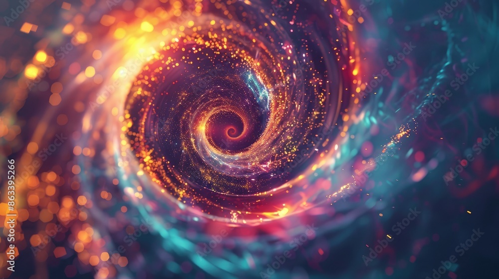 Poster bright colored sparks in a shiny spiral wave, providing a captivating and luminous visual