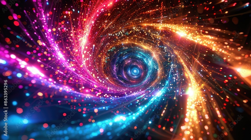 Poster bright shiny spiral wave of multicolored sparks, offering a captivating and dynamic scene