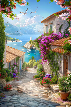 Fototapeta Old path at seaside city in Greece in summer, beautiful street with flowers and white houses against sea, sky and mountains. Concept of vacation, resort and travel