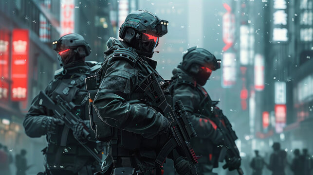 Police swat group in cyberpunk city in future, soldiers in black uniform and futuristic masks. Concept of cyber, gun, military equipment, dystopia, team