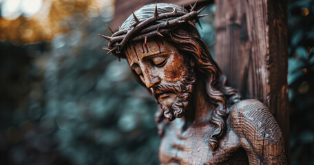 Fototapeta premium A wooden crucifix of Jesus Christ with a crown of thorns on his head. Concept of sorrow and sacrifice, as the figure is depicted as a martyr