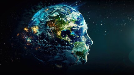 Clear head overlapping with Earth, representing technological integration with nature