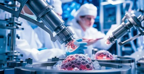 Close-up view of bioengineered cells undergoing genetic testing: Advanced machinery analyzing genetically modified specimens for scientific progress