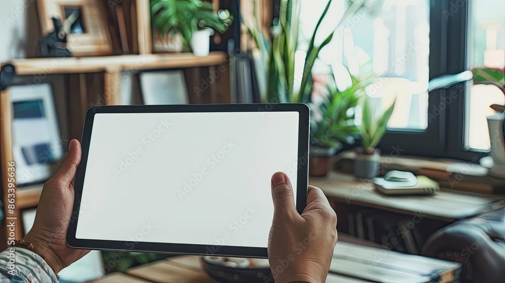 Poster close-up of a person holding a tablet with a white screen, ready for design input