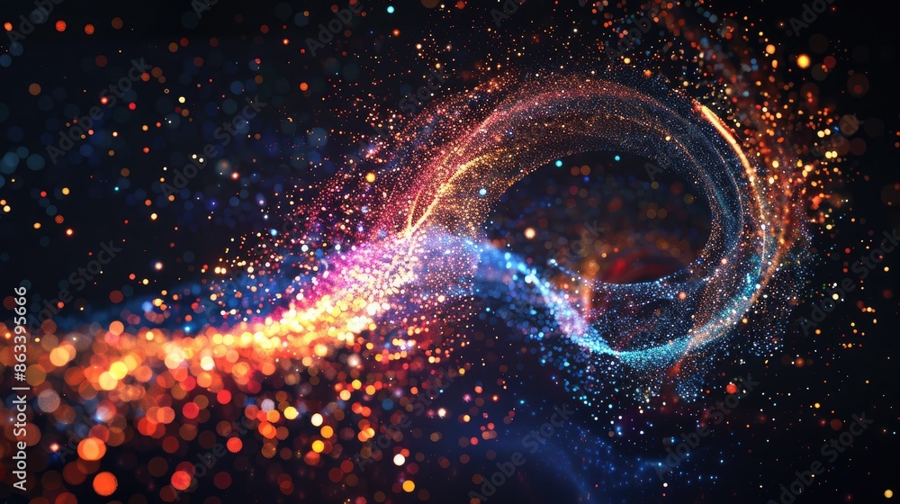 Poster colored shiny sparks forming a dynamic spiral wave, creating a dazzling visual effect