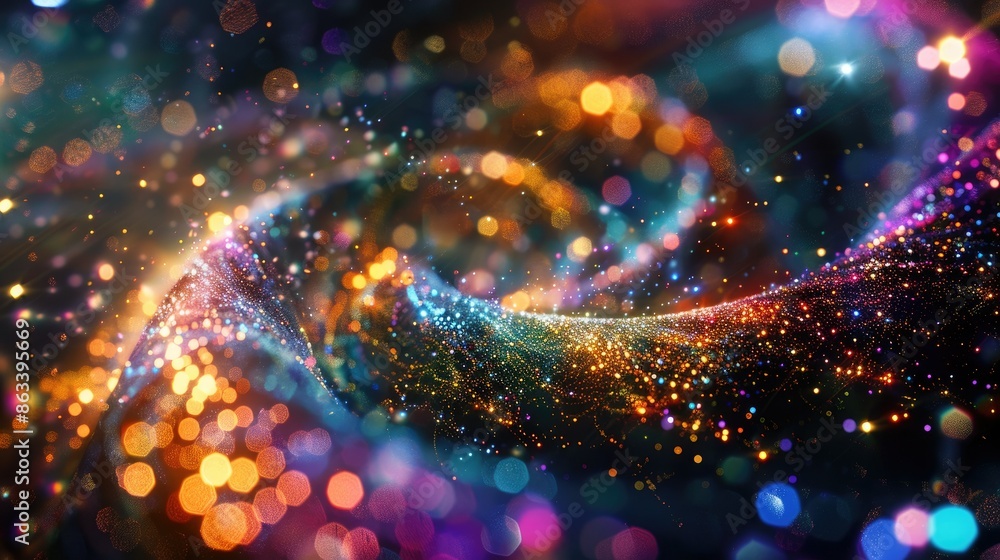 Poster colored shiny sparks forming a dynamic spiral wave, creating a dazzling visual effect