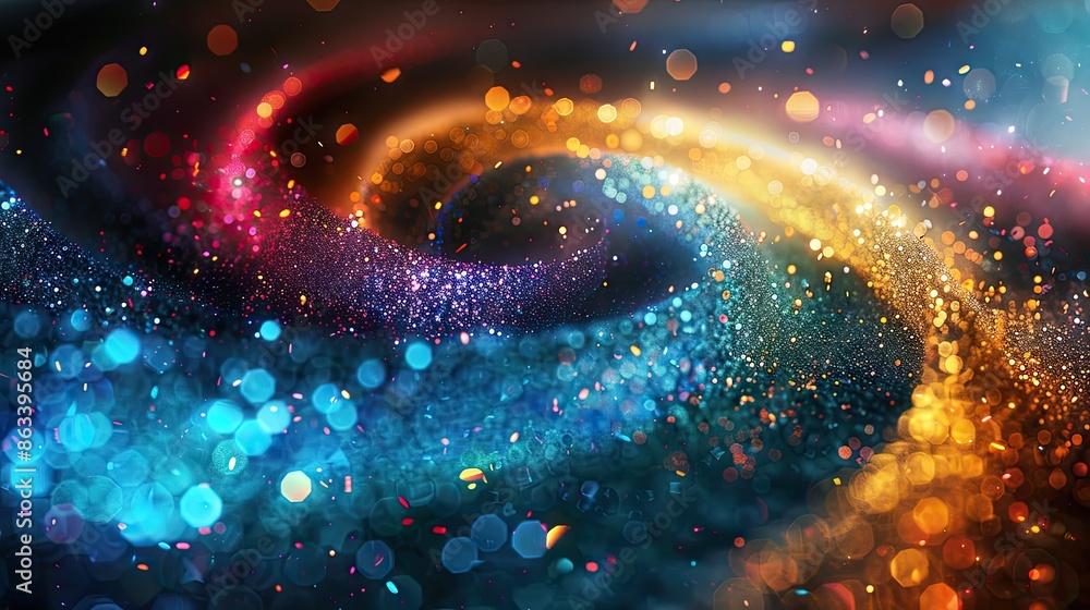 Poster colored shiny sparks in a spiral wave pattern, creating a beautiful and energetic visual