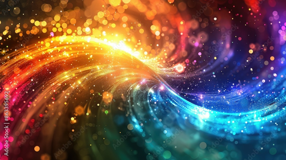 Poster colored shiny sparks in a spiral wave pattern, creating a beautiful and energetic visual