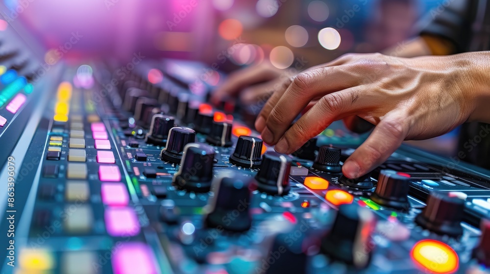 Poster a man is playing a keyboard with many buttons. the buttons are colorful and the man is using his han