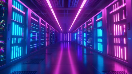 Futuristic Data Center with Neon Lights, Generative AI