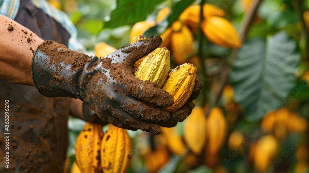 Poster a man is holding three yellow cocoa pods in his hands. concept of hard work and dedication to the ta