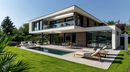 Fototapeta premium Modern sanctuary with a pristine lawn and terrace offering luxurious outdoor living, surrounded by vibrant greenery and sleek architectural design.