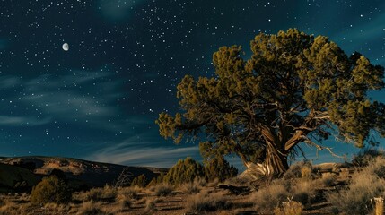 Moonlit sky and juniper trees under stars in desert at night