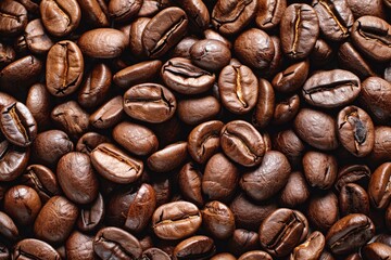 Fototapeta premium A close up of coffee beans with a brownish color. The beans are spread out and appear to be of different sizes
