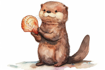 Obraz premium Cute Watercolor Otter Holding a Seashell for Children's Book Illustration, Hand Painted Details, Perfect for Kids Stories, Art Prints, By Cool Artists, Great on a White Background