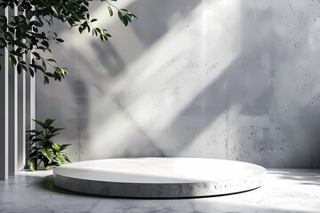 Minimalist product display platform with sunlight and plant shadows. Modern circular podium for advertising and marketing.  Minimal studio background with white, grey, and green.
