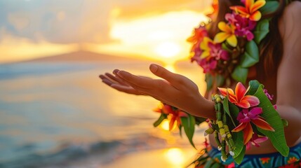 A woman wearing a flower lei and holding her hands out in front of her. Hawaiian culture, heritage, vacation concept