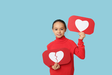 Little girl with heart like and dislike icons on blue background