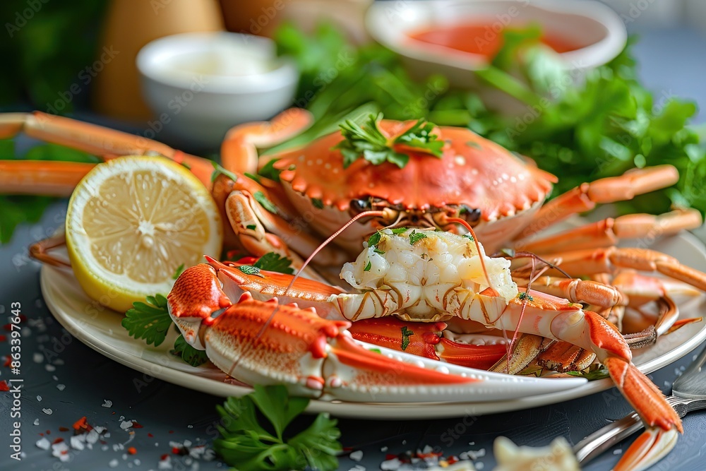 Poster a plate of food with a crab and a lemon on it. the plate is on a table with a bowl of parsley and a 