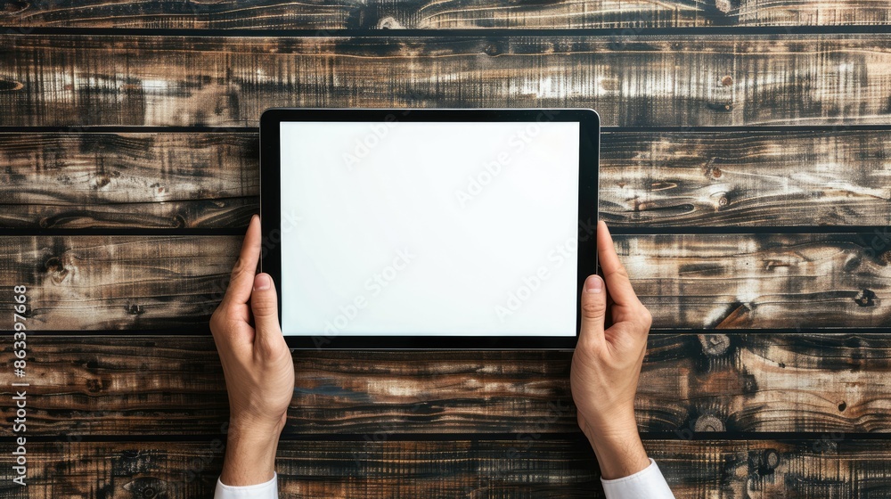 Poster hands holding a tablet with a white screen, ready for content display or design work