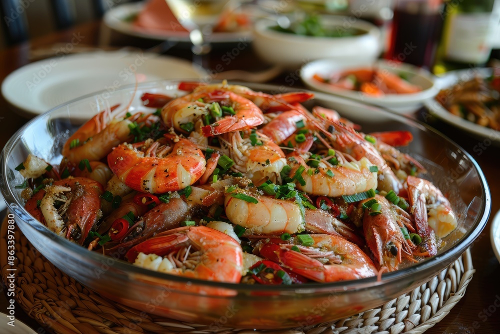 Poster a large bowl of shrimp and onions is on a table. the shrimp are in various sizes and are surrounded 