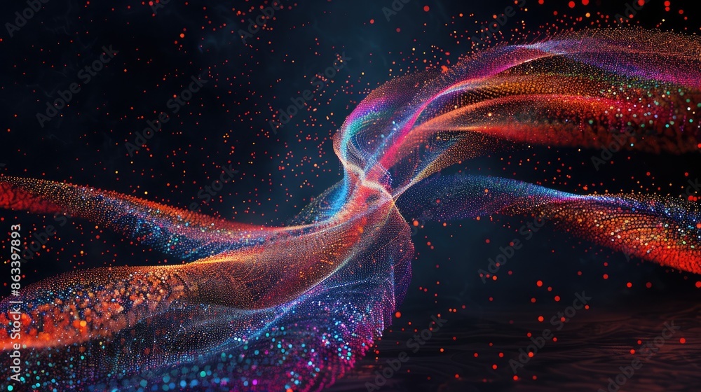 Poster luminous colored sparks forming a spiral wave, creating a vivid and striking design on a dark backgr
