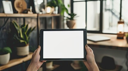 Individual holding a tablet with a white screen in a home office setting