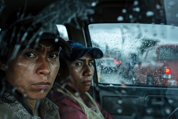 Obraz premium Traffic Weariness: Mixed Latin Race Driver and Wife Displaying Sadness and Boredom During Daytime Traffic in Guatemala City.