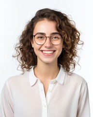 Obraz premium Smiling Woman with Curly Hair Wearing Glasses