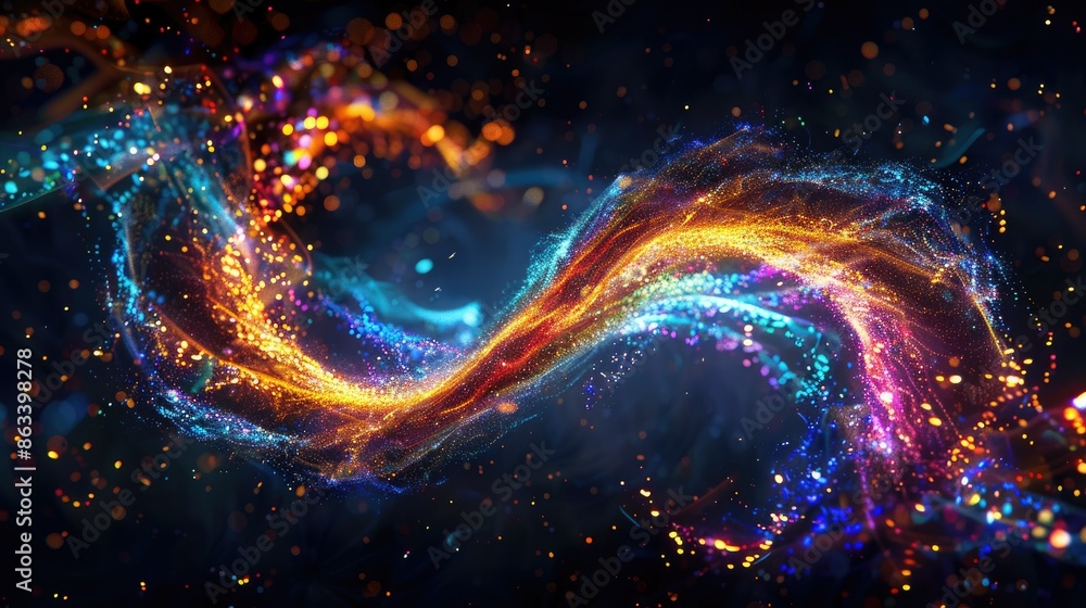 Poster Shiny multicolored sparks forming a spiral wave, creating a luminous and striking visual