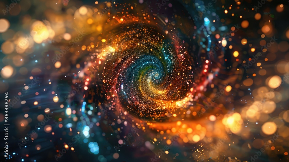 Poster shiny multicolored spiral wave of sparks, creating a dynamic and energetic scene