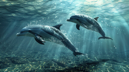 Naklejka premium Pair of dolphins swimming together, marine love captured, synchronized swimming, aquatic life beauty, underwater duet, enchanting sea creatures, tranquil ocean moments, ocean wildlife