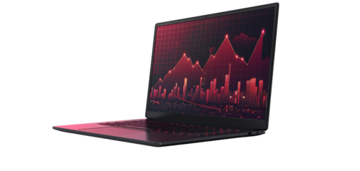 Laptop displaying a red graph with cityscape background.